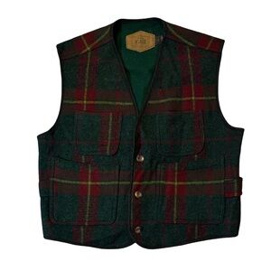 VINTAGE Woolrich mens L Large green red plaid 100% wool 80s button up vest EUC